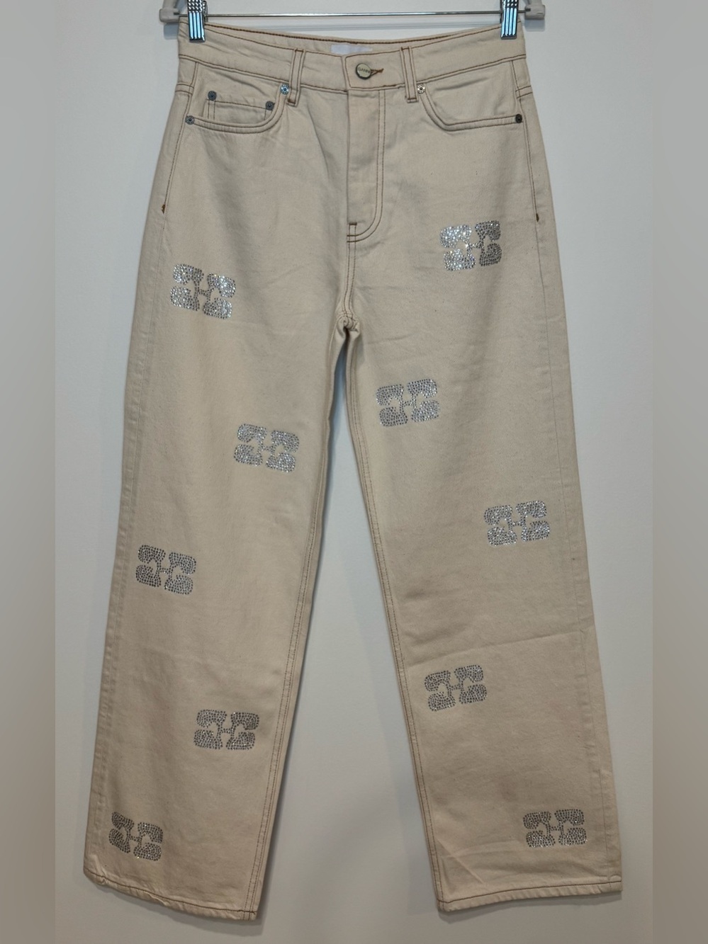 NEW GANNI Women’s Cream Wide-Leg Sparkle Izey Jeans in “Vanilla Ice" Size 27